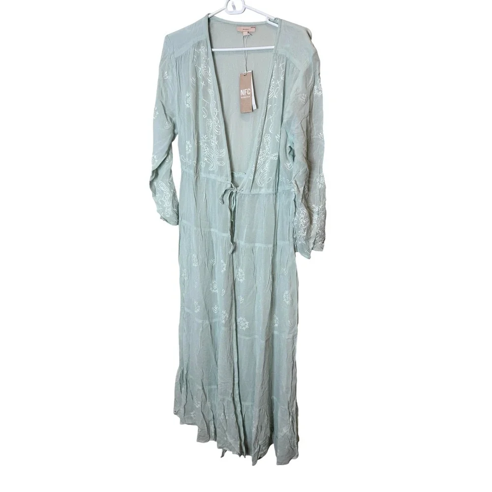 New Friends Colony Dress Womens One Size Green‎ Embroidered Kaftan Maxi Boho